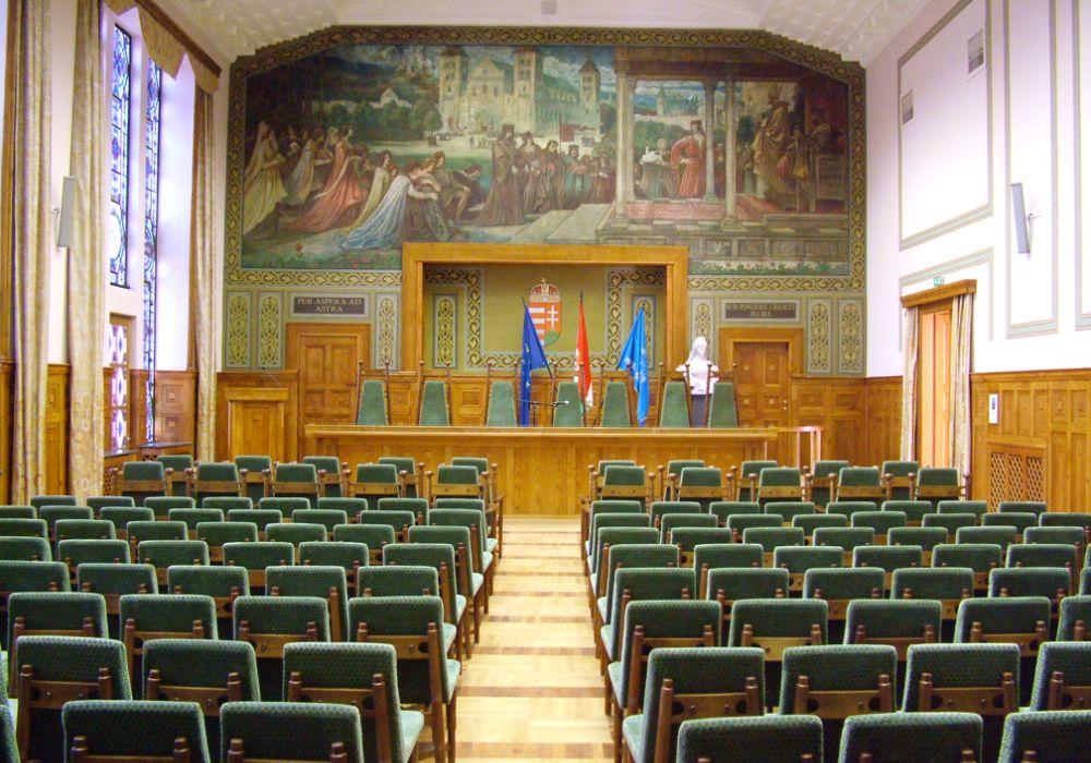 Interior of a courtroom at the University of Pecs, Hungary
